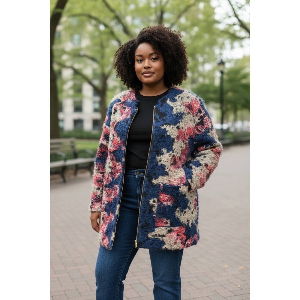 Kersh Womens Medium Fuzzy Eyelash Knit Full Zip Abstract Coat Navy Pink KF148004